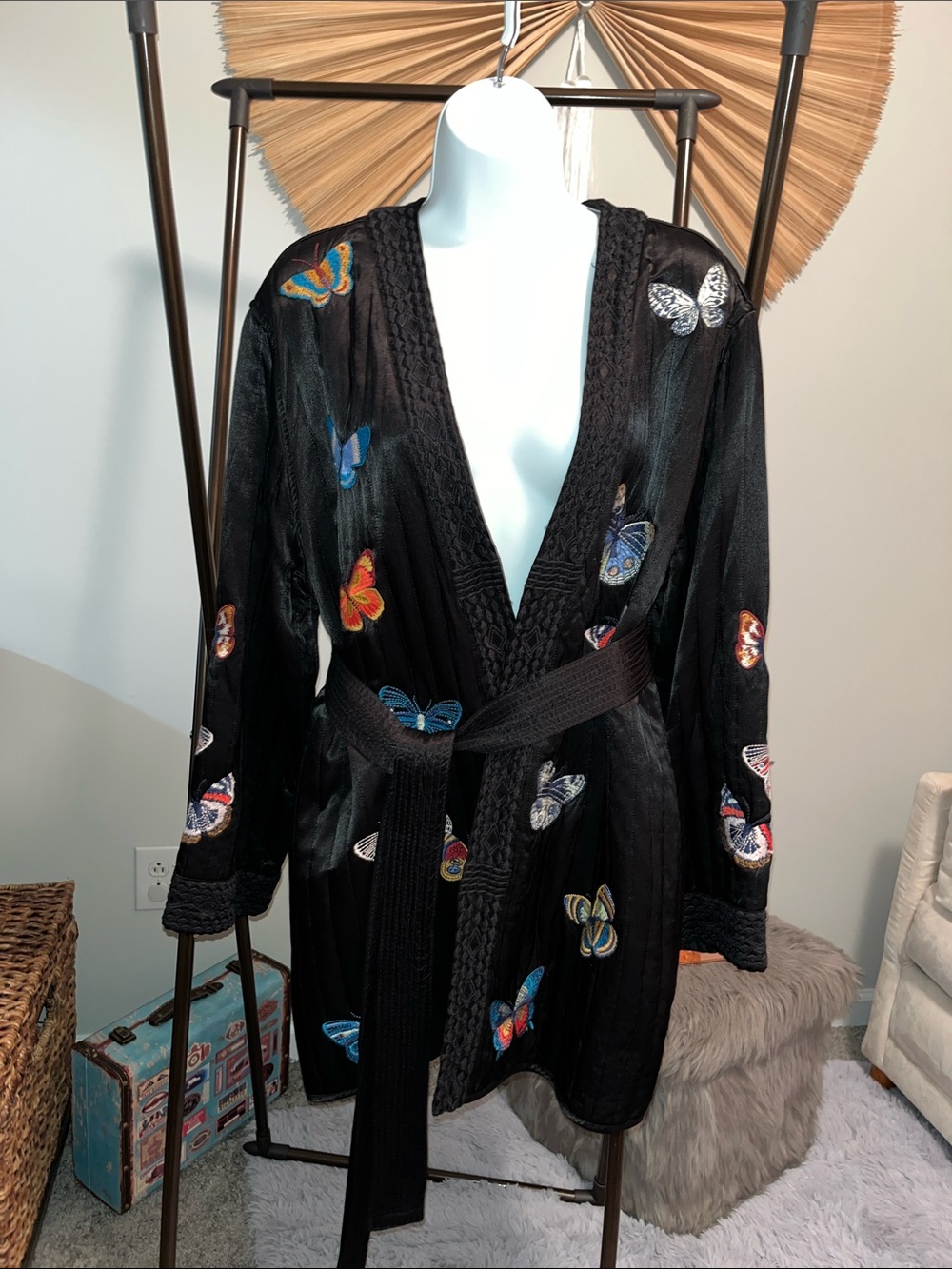 Johnny Was Black Satin Butterfly Embroidered Robe